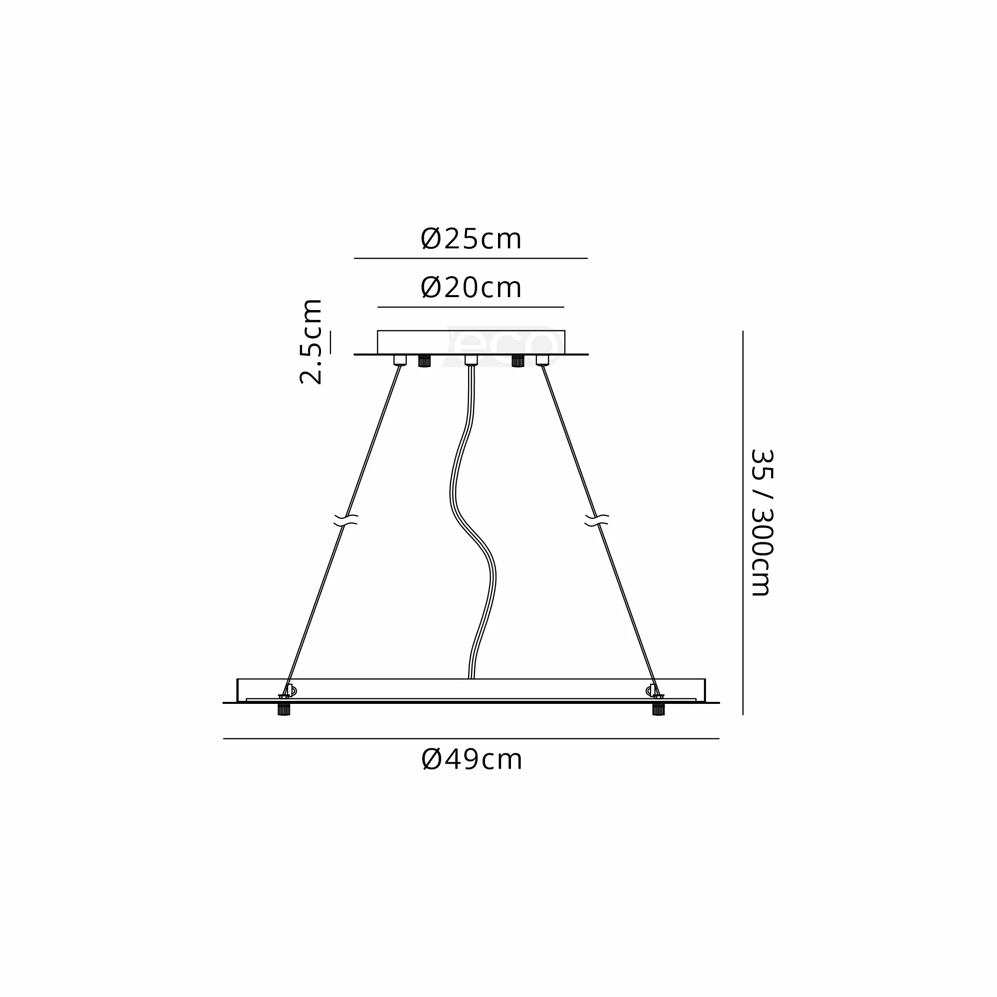 D0926BR  Lowan 49cm, 3m Brass/Painted Brass, Suspension Plate c/w Power Cable To Lower Flush Fittings, Max Load 20kg (ONLY TESTED FOR OUR PRODUCTS)